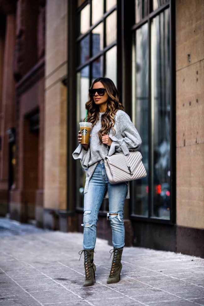 fashion blogger mia mia mine wearing a ysl college bag and steve madden lace-up booties