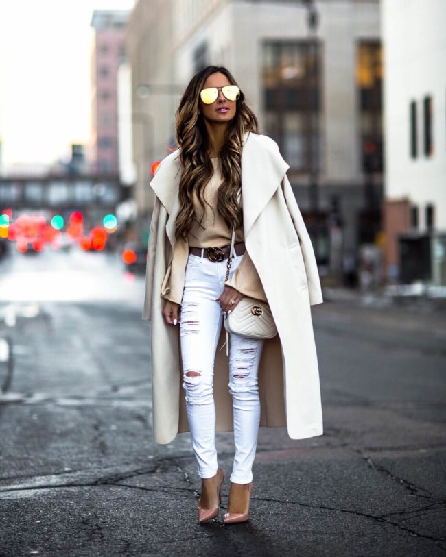 mia mia mine wearing a waterfall coat and white denim from shopbop