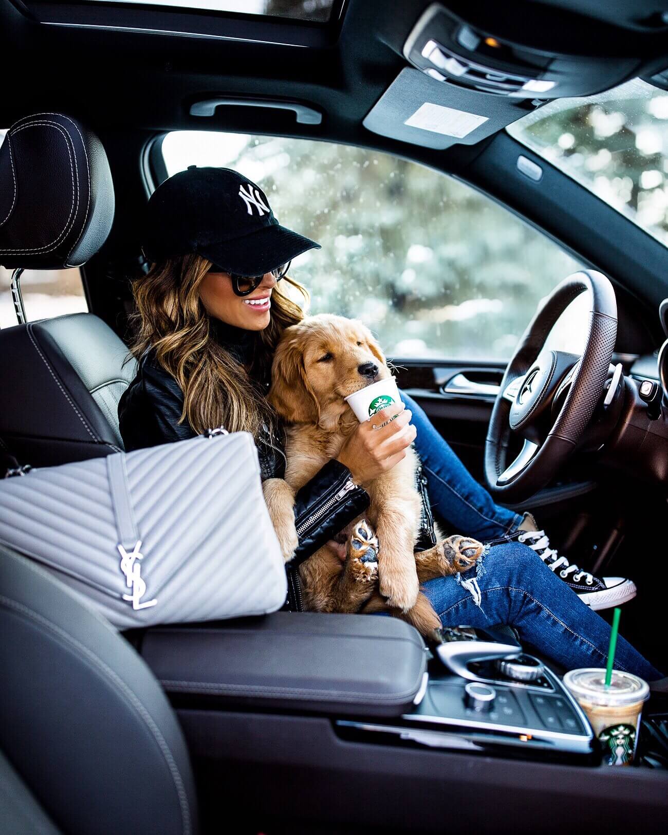 mia mia mine with golden retriever puppy and a puppuccino