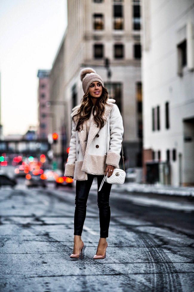 fashion blogger mia mia mine wearing a shearling jacket by mother
