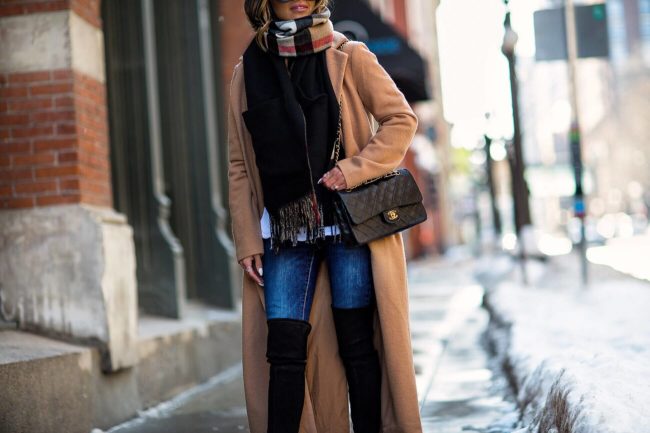 fashion blogger mia mia mine wearinf a camel coat and burberry scarf