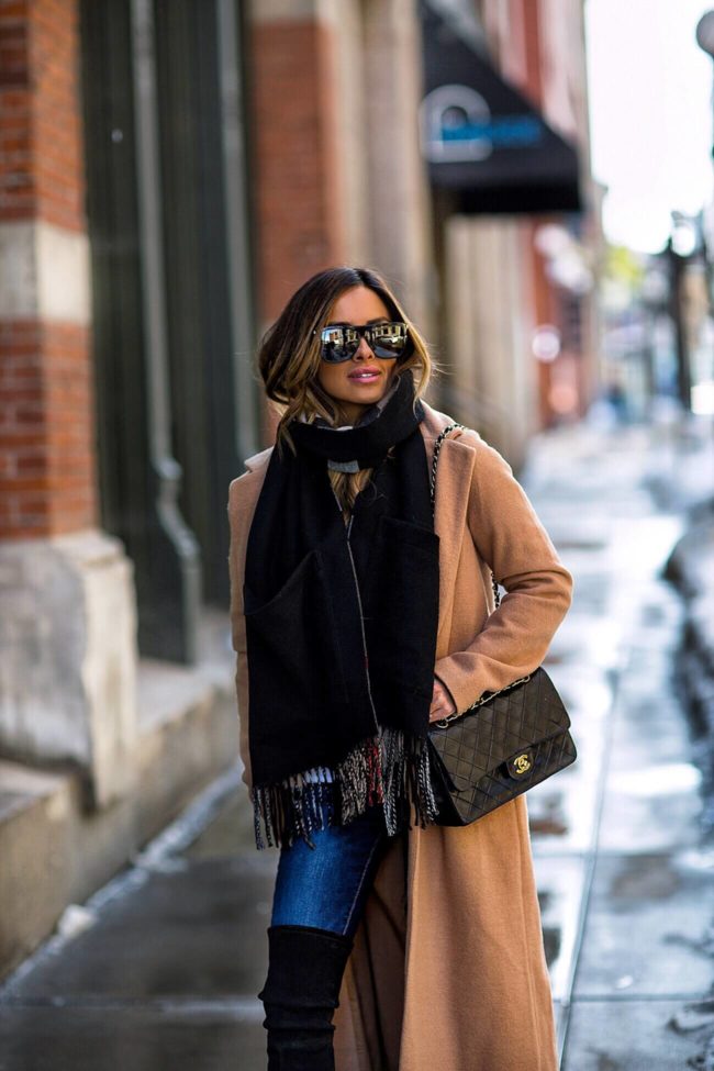 fashion blogger mia mia mine wearing a chanel bag and camel coat