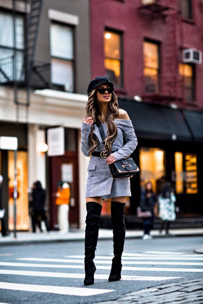 fashion blogger mia mia mine wearing a blazer dress from revolve