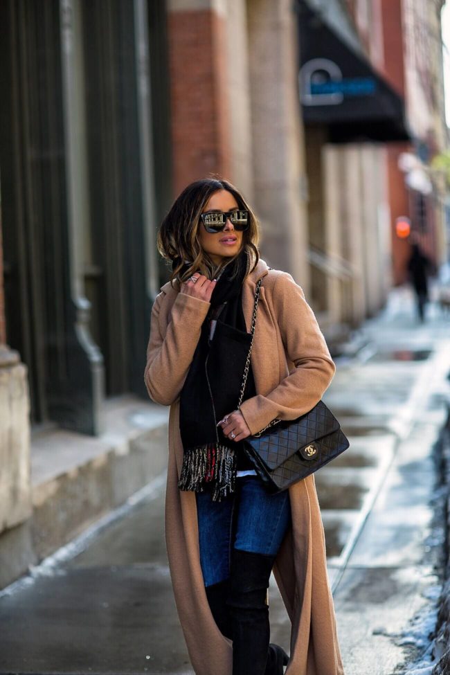 fashion blogger mia mia mine wearing a camel coat and burberry scarf