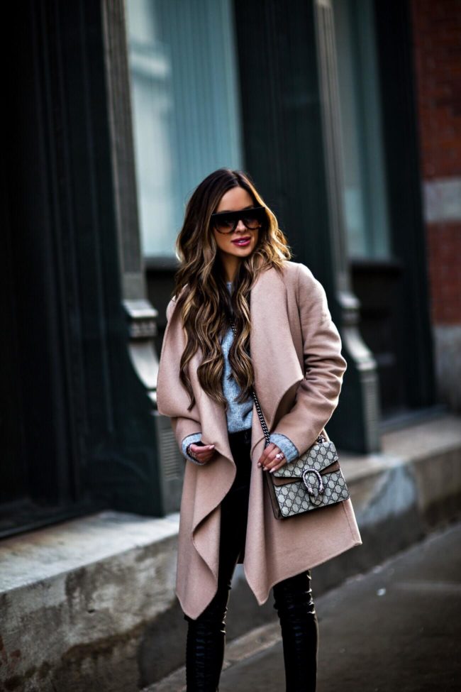 fashion blogger mia mia mine wearing a camel coat and gucci dionsysus bag