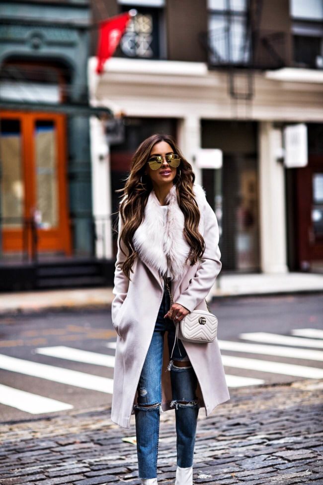 fashion blogger mia mia mine wearing faux fur coat collar coat and gucci bag