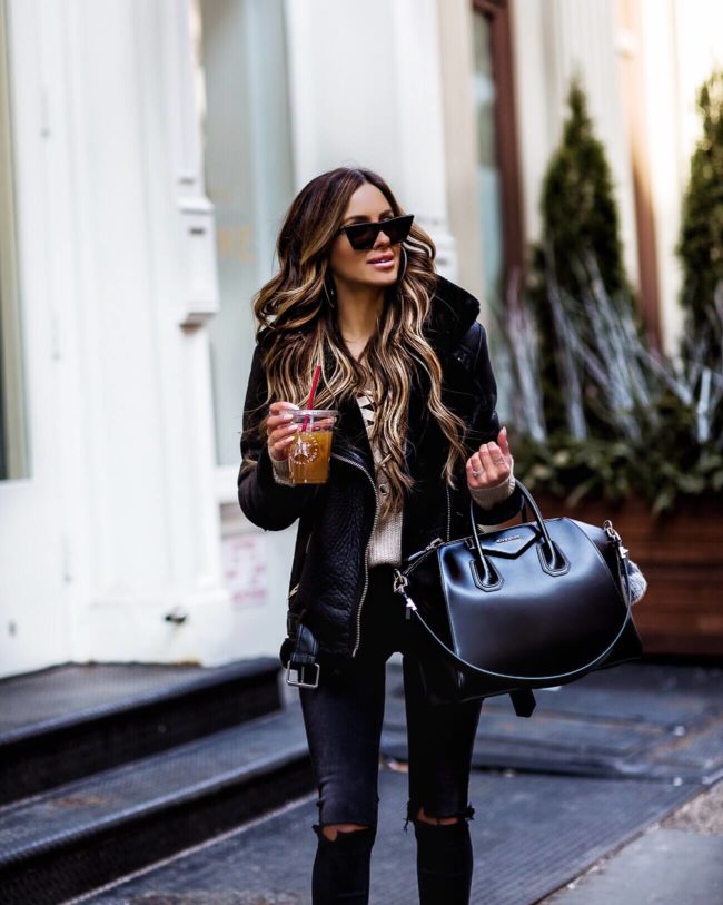 fashion blogger mia mia mine wearing a black biker jacket from H&M