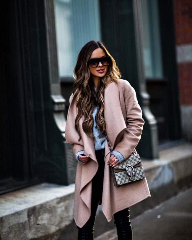 fashion blogger mia mia mine wearing a camel coat and gucci dionsysus bag
