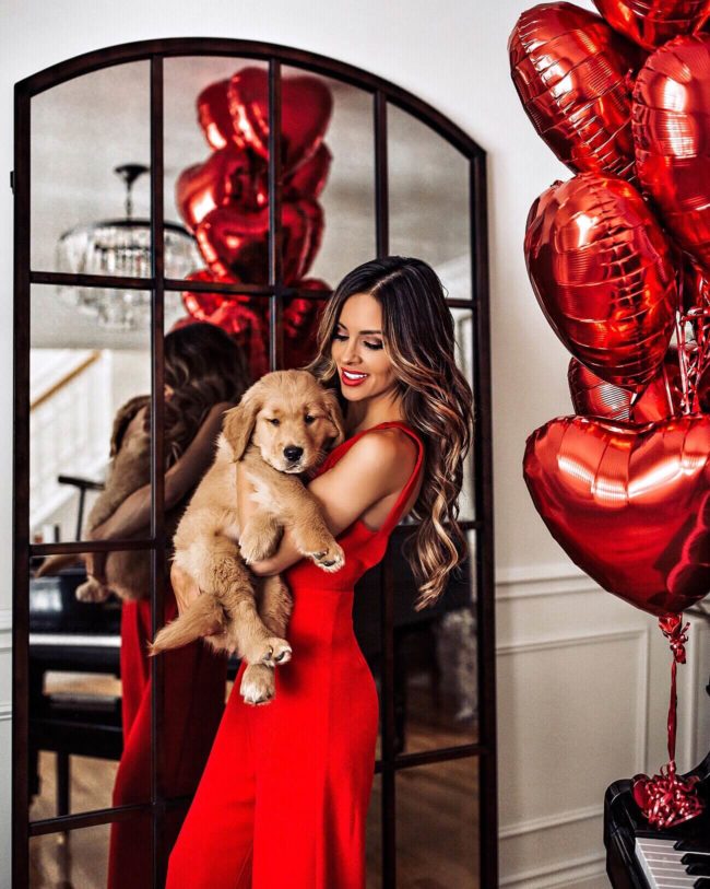mia mia mine with golden retriever puppy on valentine's day