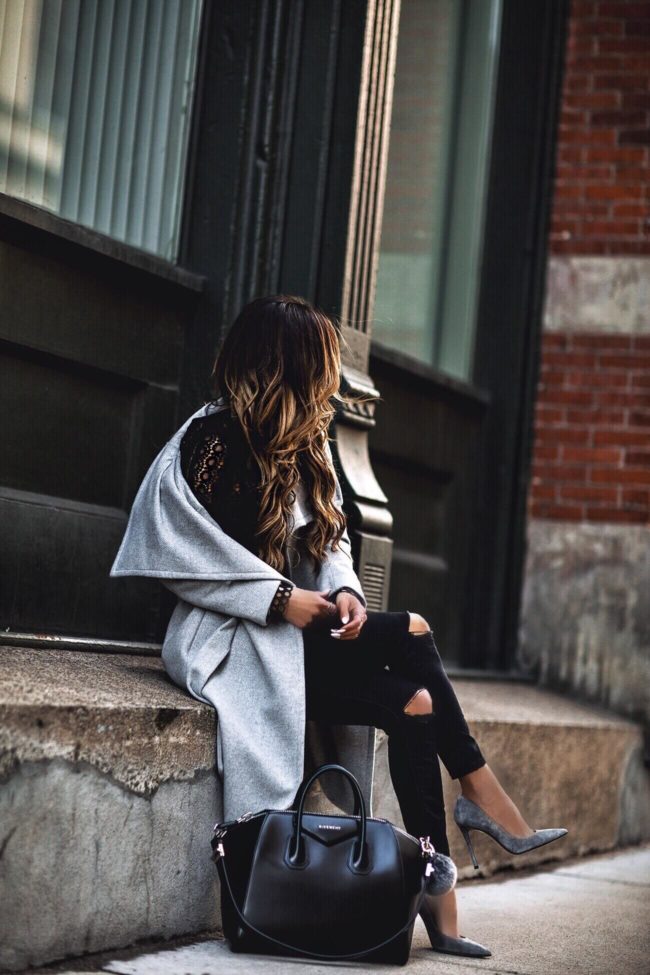 fashion blogger mia mia mine wearing asos black denim and a gray statement coat from mango