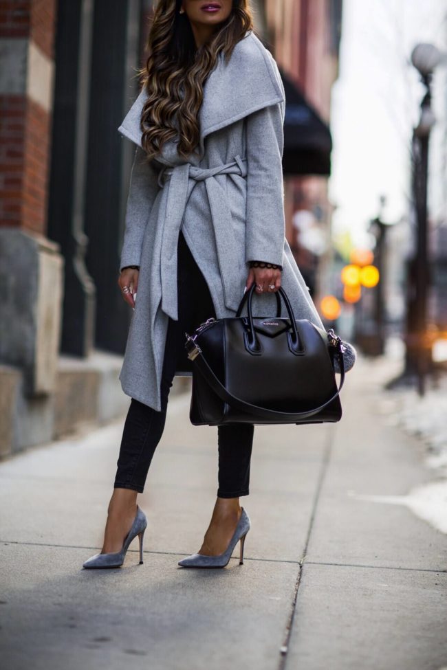 fashion blogger mia mia mine wearing a gray coat and gianvito rossi gray heels with a givenchy antigona bag
