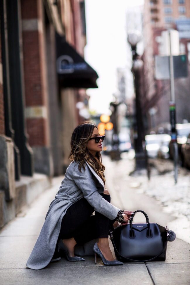 fashion blogger mia mia mine wearing a gray coat and gray gianvito rossi heels 