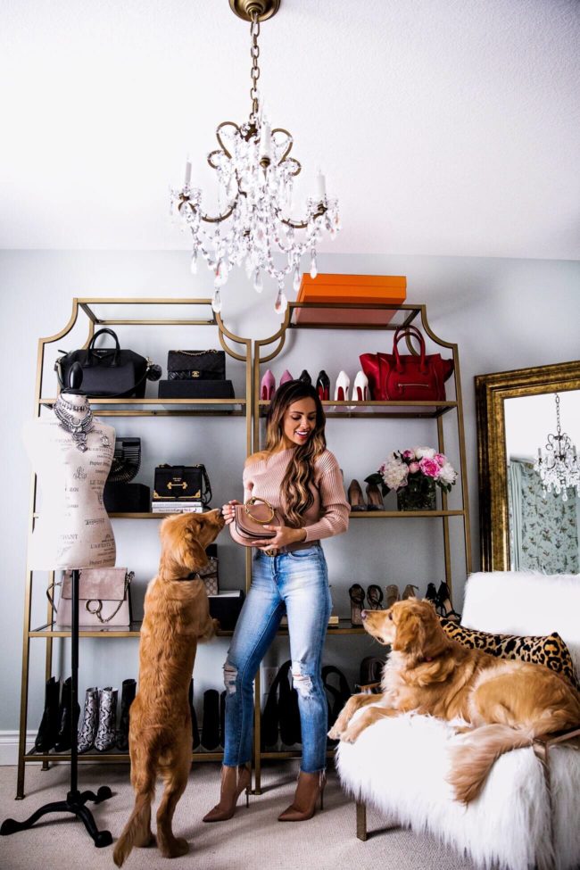 fashion blogger mia mia mine with her golden retrievers in her closet
