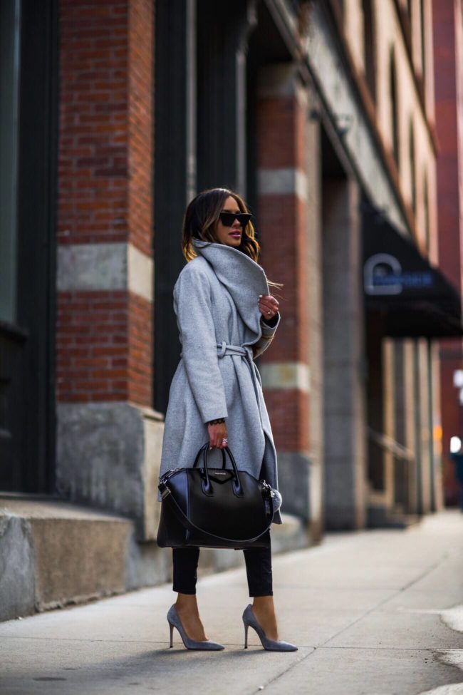 fashion blogger mia mia mine wearing a gray statement coat from mango and a givenchy antigona bag