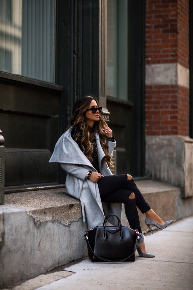 fashion blogger mia mia mine wearing a gray coat and a givenchy antigona bag