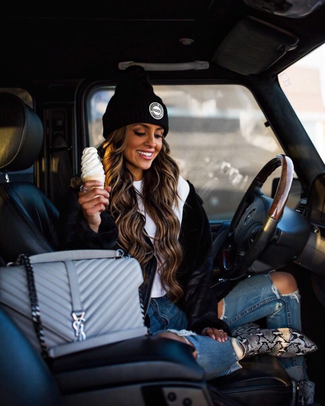 fashion blogger mia mia mine wearing a beanie and snakeskin booties from shopbop