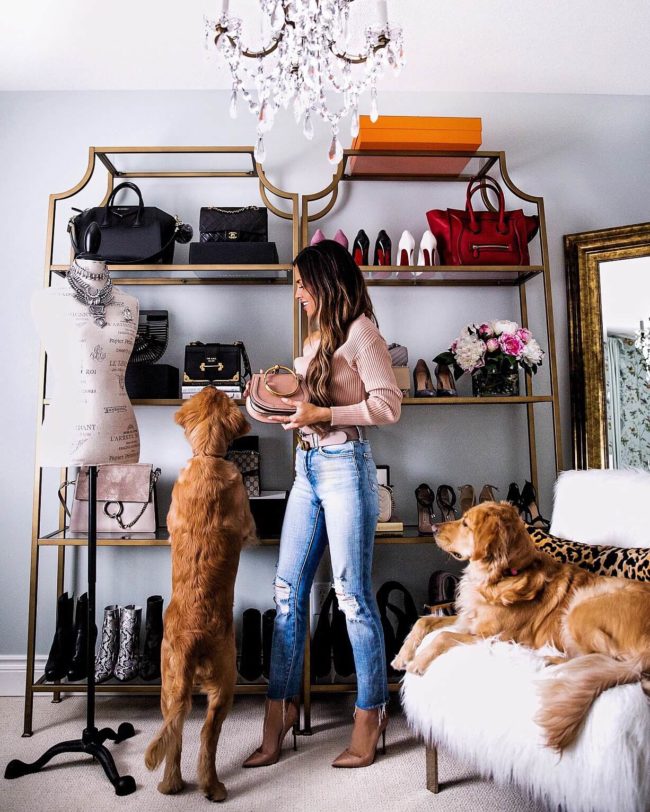 fashion blogger mia mia mine in her closet with golden retrievers