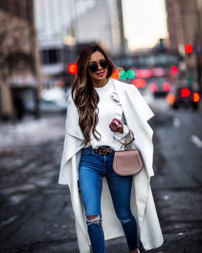 mia mia mine wearing a white sweater and white coat from the shopbop buy more, save more sale