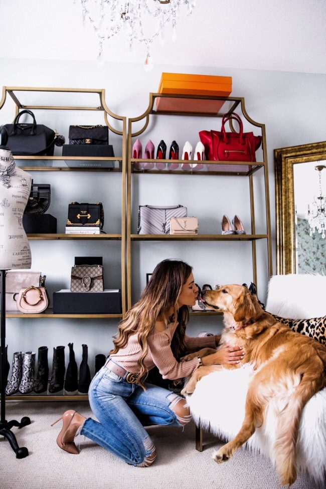 fashion blogger mia mia mine in her closet with golden retriever