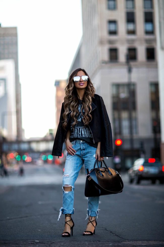 fashion blogger mia mia mine wearing boyfriend denim and lace-up heels from macy's for spring