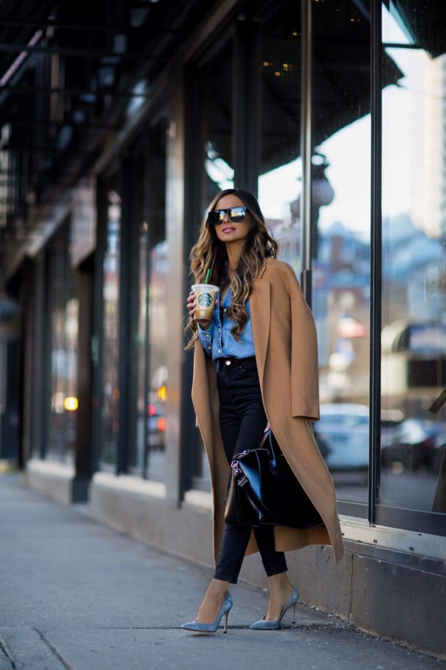 fashion blogger mia mia mine wearing a denim shirt from nordstrom and gray suede pumps by gianvito rossi