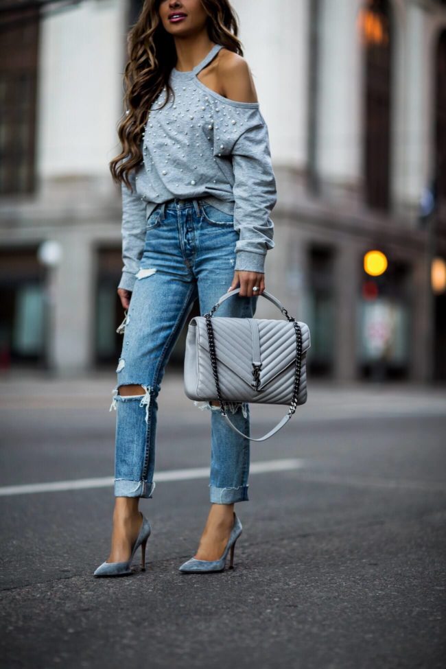 fashion blogger mia mia mine wearing grey gianvito rossi heels and a gray saint laurent large college bag
