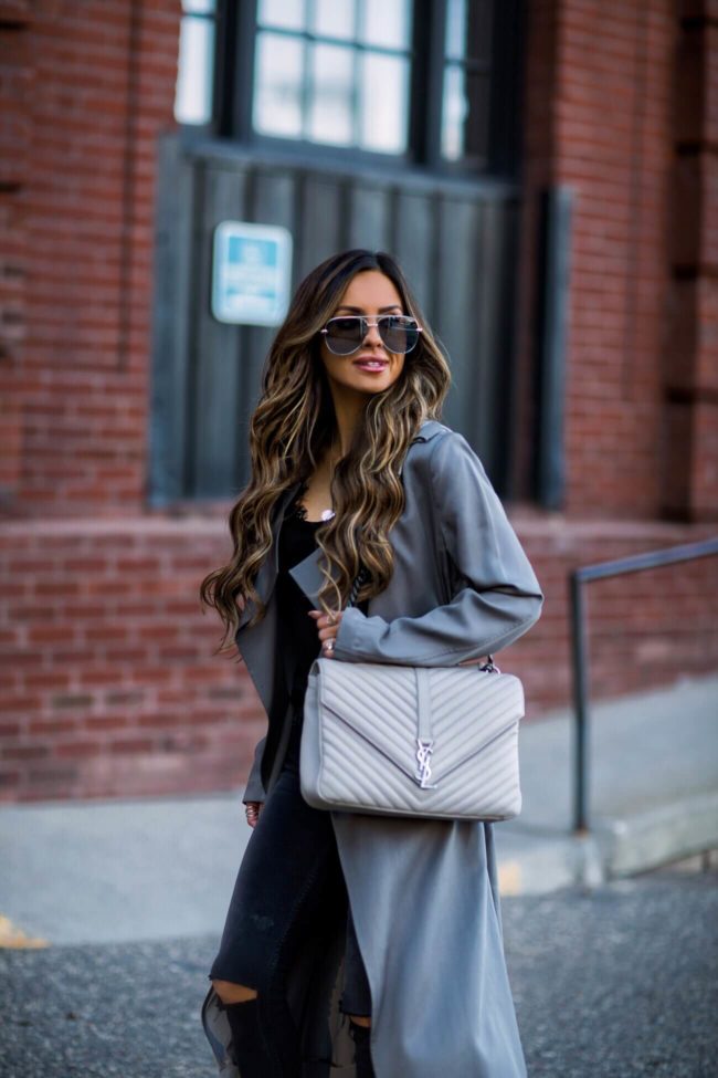 fashion blogger mia mia mine wearing a grey college bag by saint laurent
