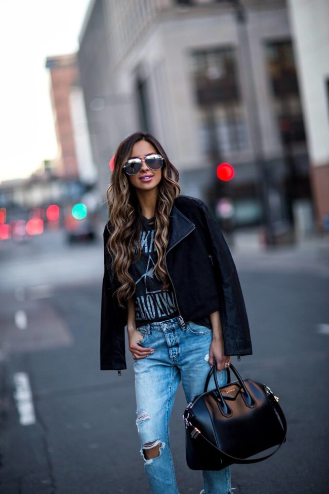 fashion blogger mia mia mine wearing a band tee and boyfriend denim by lucky from macy's