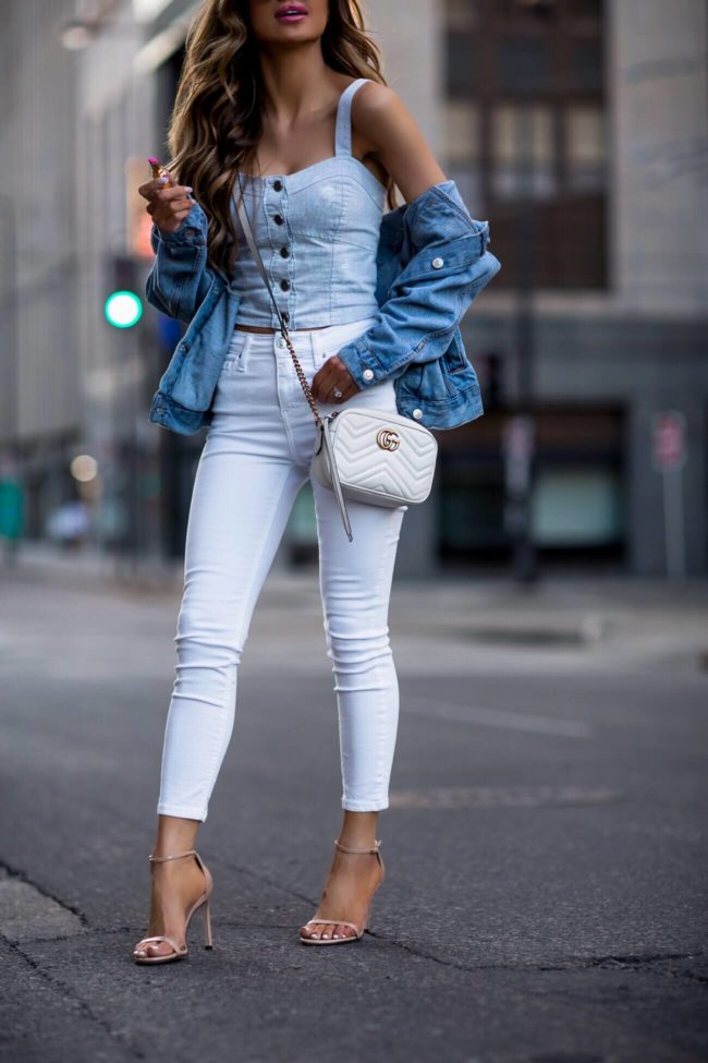 fashion blogger mia mia mine wearing white topshop denim and a denim crop top from nordstrom