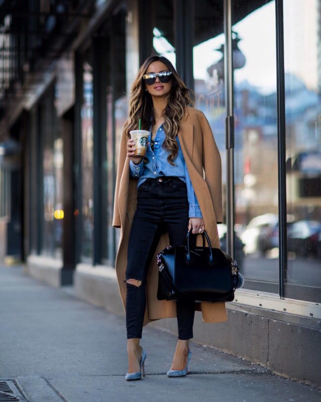 fashion blogger mia mia mine wearing a camel coat and chambray denim shirt from nordstrom