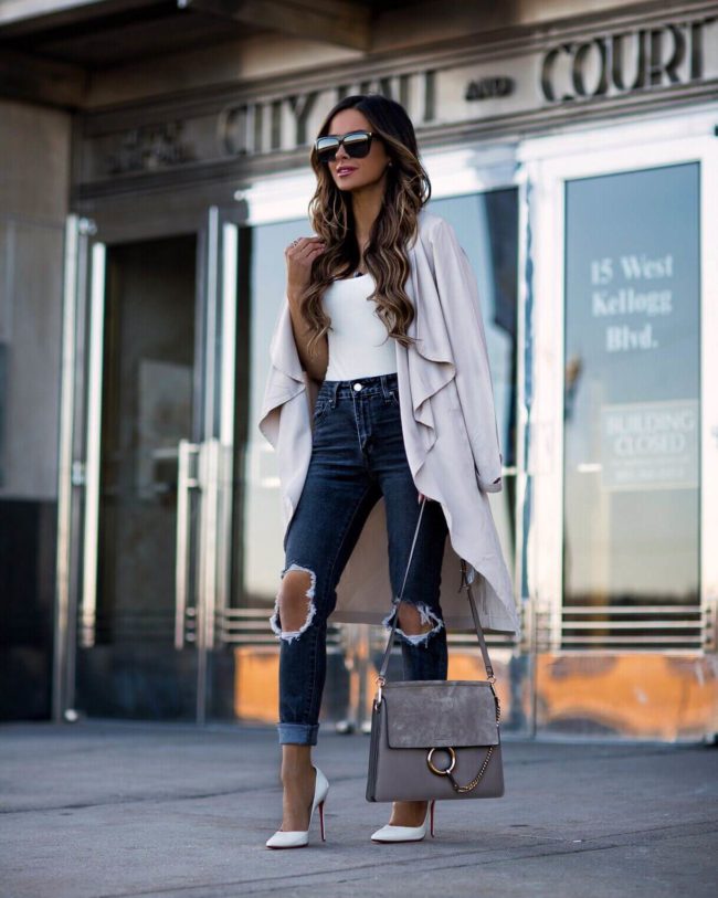 fashion blogger mia mia mine wearing a beige trench coat from the shopbop event 2018 and a chloe faye medium bag