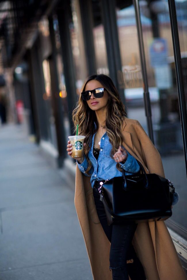 fashion blogger mia mia mine wearing a camel coat from revolve and a j. crew denim shirt from nordstrom