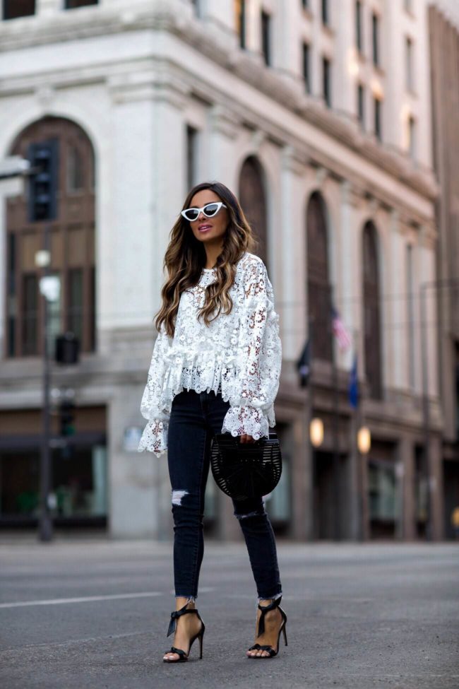 Fashion blogger mia mia mine wearing alexandre birmam heels and a white lace H&M