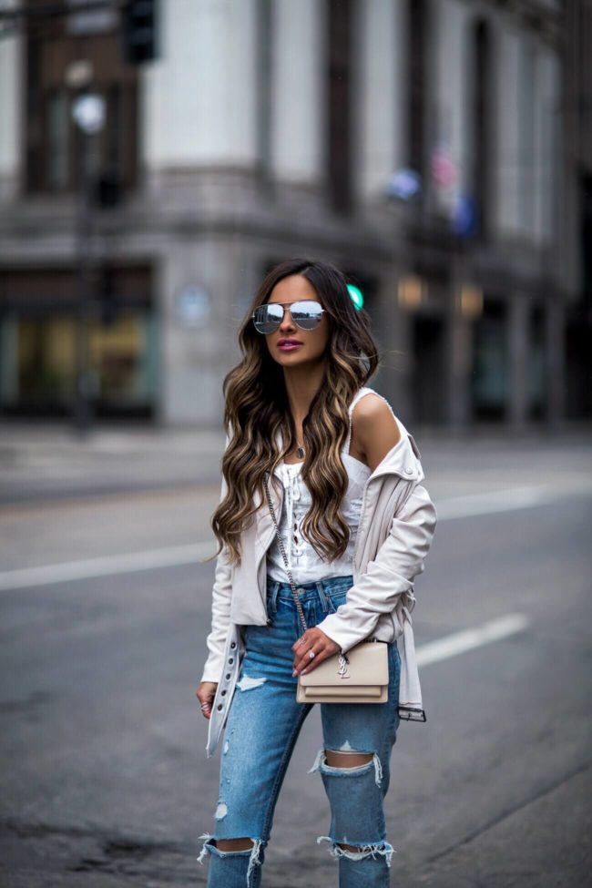fashion blogger mia mia mine wearing a white lace-up free people bodysuit from shopbop and quay aviator sunglasses