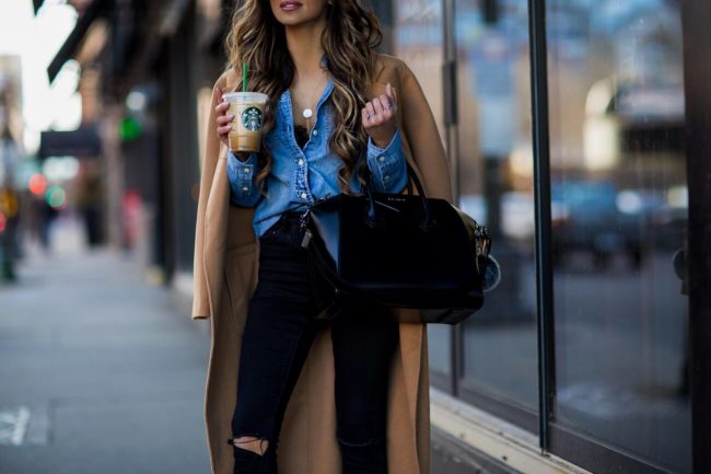 fashion blogger mia mia mine wearing a j. crew denim shirt and a givenchy antigona bag