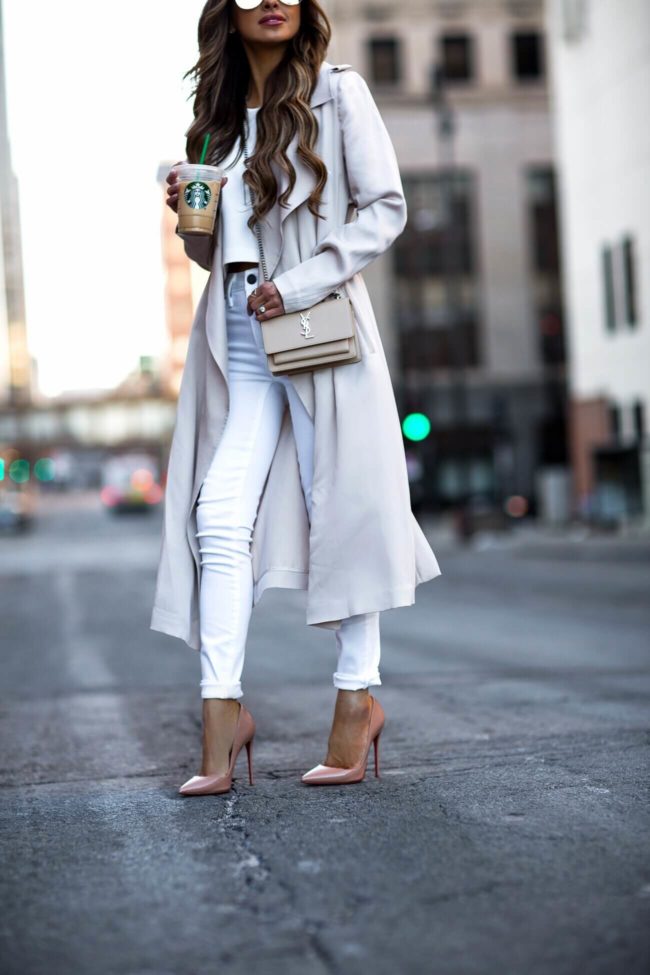 fashion blogger mia mia mine wearing a white trench and white parker smith denim