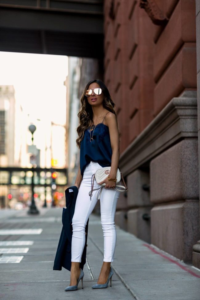 Fashion Blogger Mia Mia Mine with Rose Quay Sunglasses Navy Top and White Denim