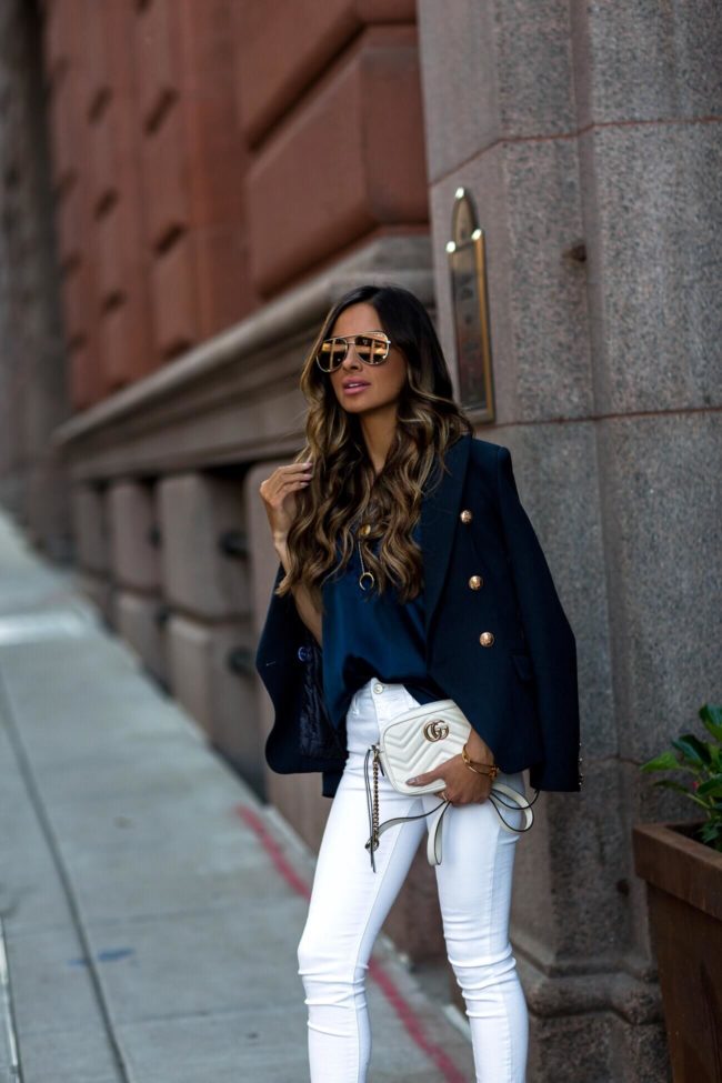 Fashion Blogger Mia Mia Mine with Navy Topshop Blazer