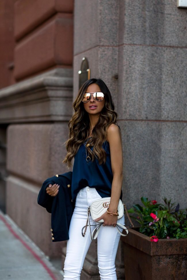 Fashion Blogger Mia Mia Mine with Rose Quay Sunglasses and Navy Top