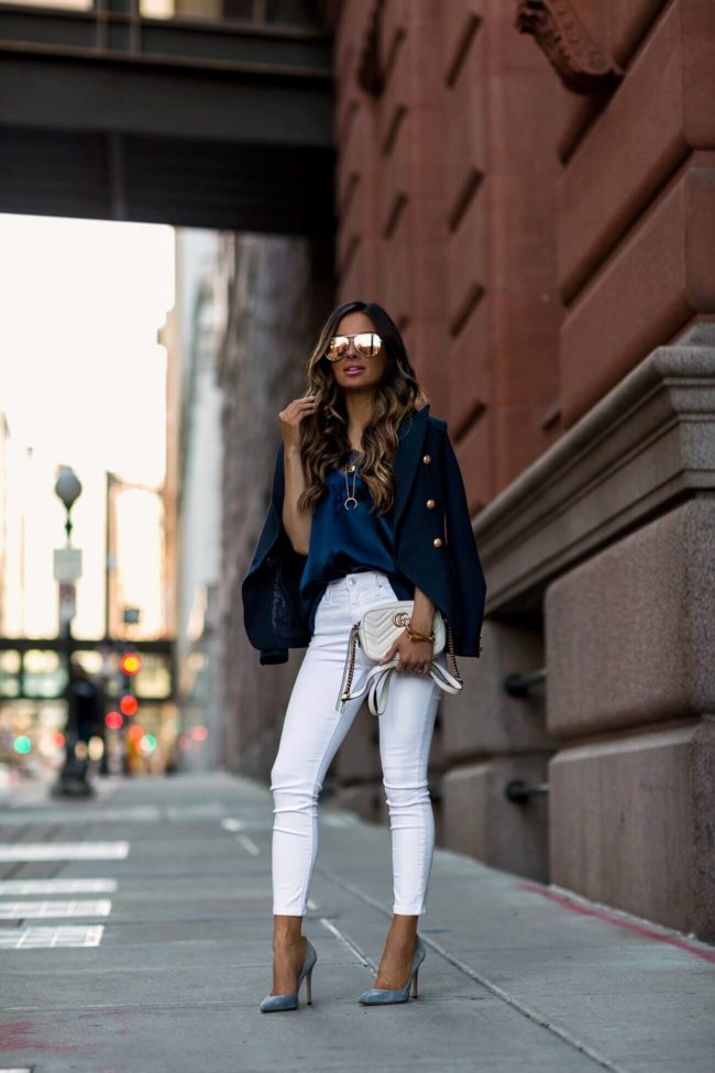 Fashion Blogger with Navy Topshop Blazer and White Denim
