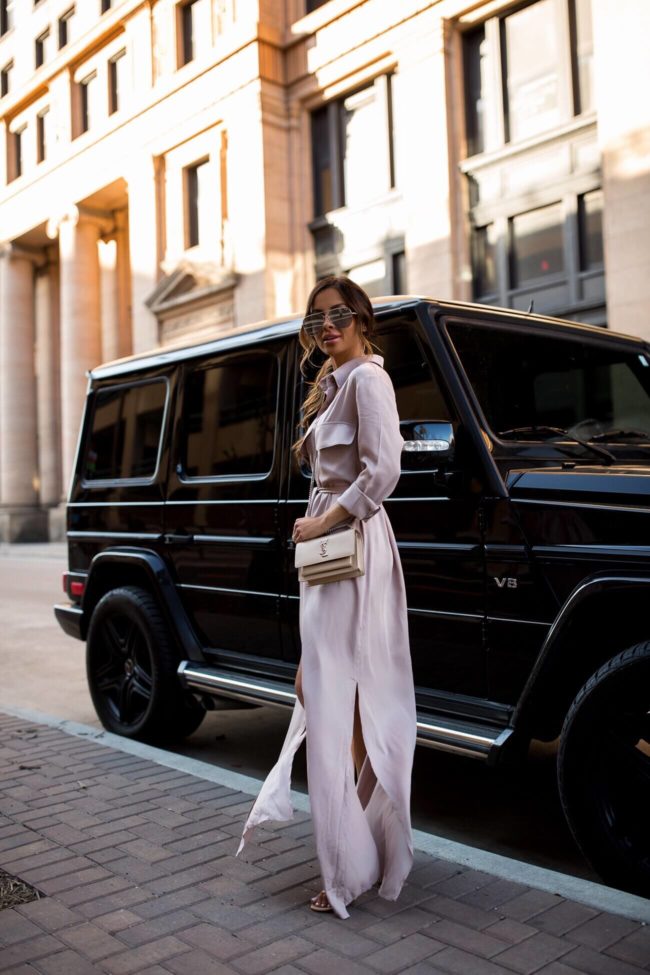 fashion blogger mia mia mine wearing a beige maxi shirtdress