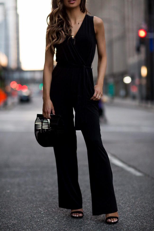 fashion blogger mia mia mine wearing a petite jumpsuit from macy's
