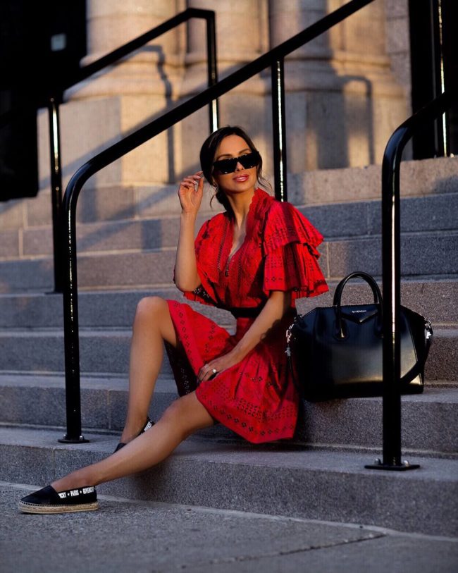 fashion blogger mia mia mine wearing a red lace self-portrait dress