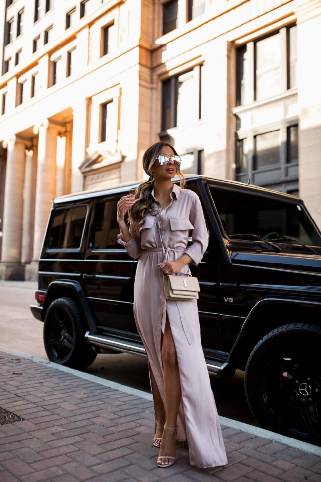 fashion blogger mia mia mine wearing a maxi shirtdress from forever 21 and a saint laurent sunset bag