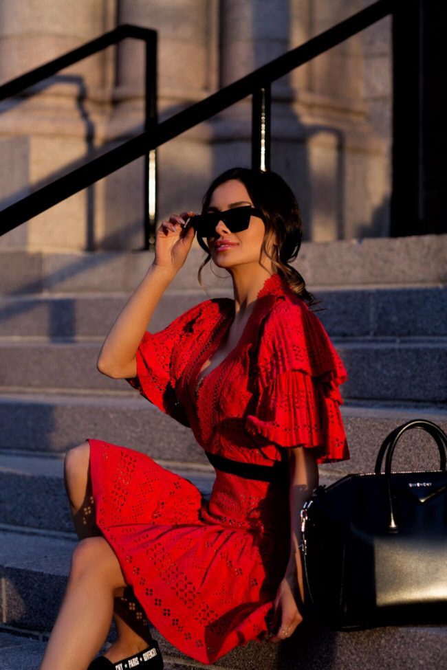 fashion blogger mia mia mine wearing a self portrait red dress and a givenchy antigona bag from harvey nichols