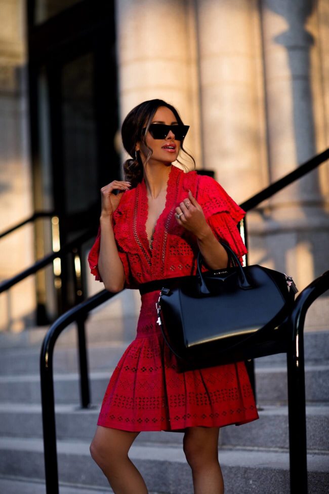 fashion blogger mia mia mine wearing a self portrait red dress and givenchy espadrilles from harvey nichols