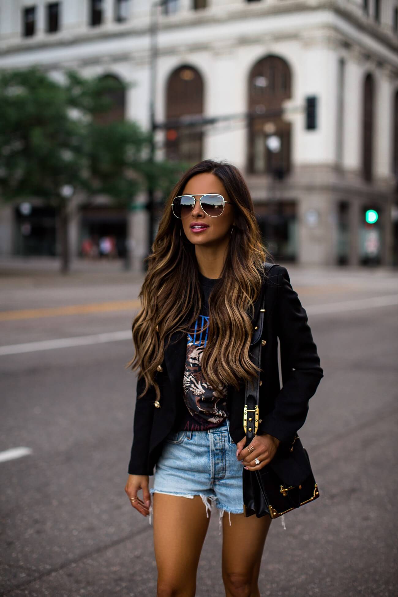 fashion blogger mia mia mine wearing an anine bing tiger tee and a lioness blazer from shopbop