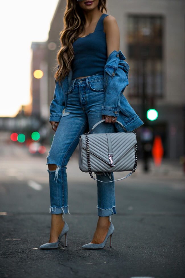 fashion blogger mia mia mine wearing grlfrnd denim a saint laurent college bag