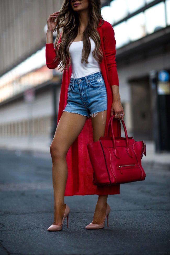 fashion blogger wearing a red celine luggage tote