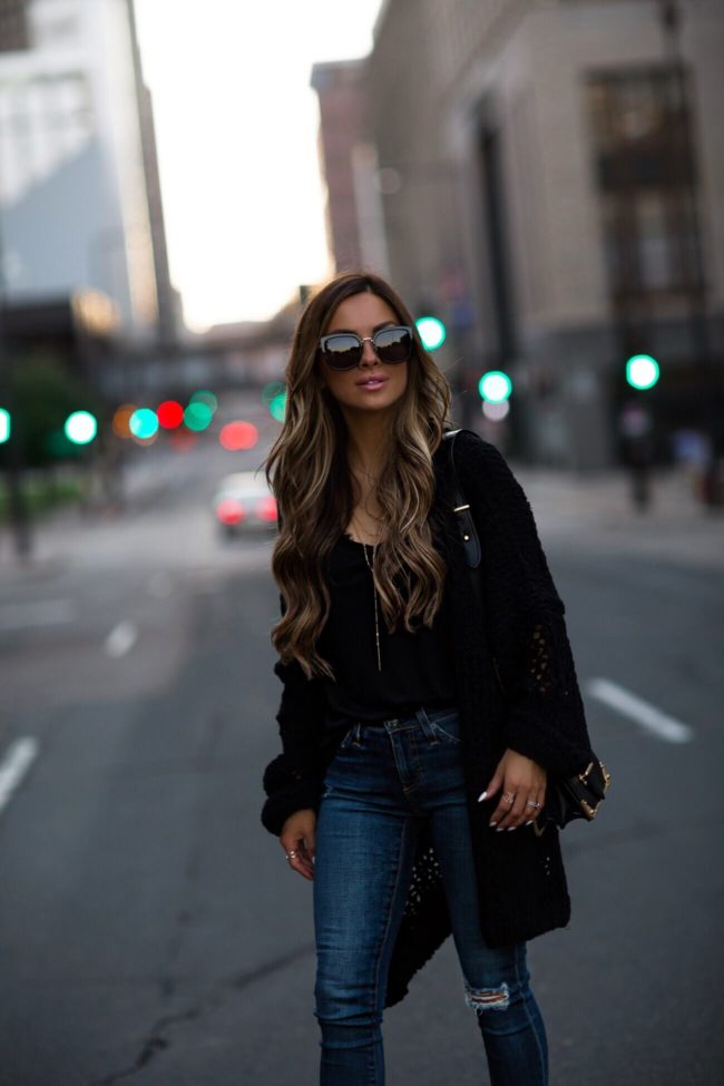 fashion blogger mia mia mine wearing a free people black cardigan from the nordstrom anniversary sale 2018